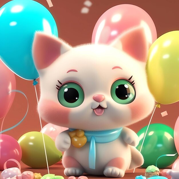 Foto un gato de dibujos animados con un lazo azul se sienta frente a los globos.