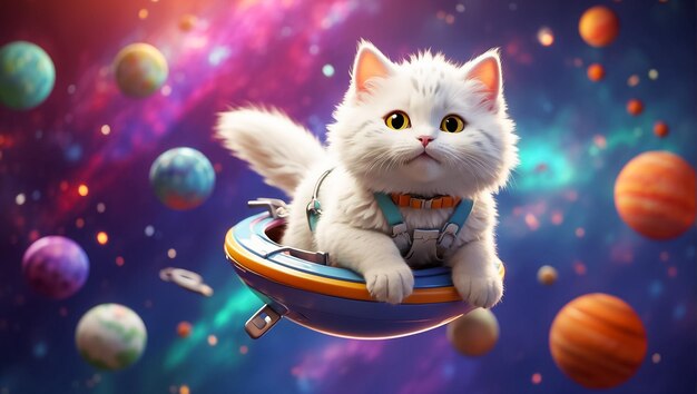 Gato de dibujos animados lindo en el espacio