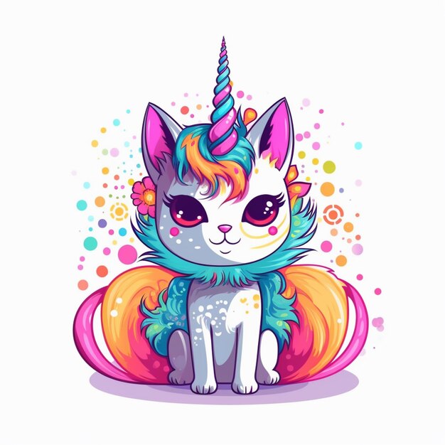 gato de dibujos animados con una melena de unicornio sentado en una almohada generativa ai