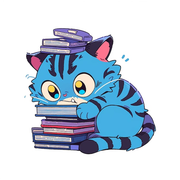 Foto gato de dibujos animados con un montón de libros en la cabeza generativo ai