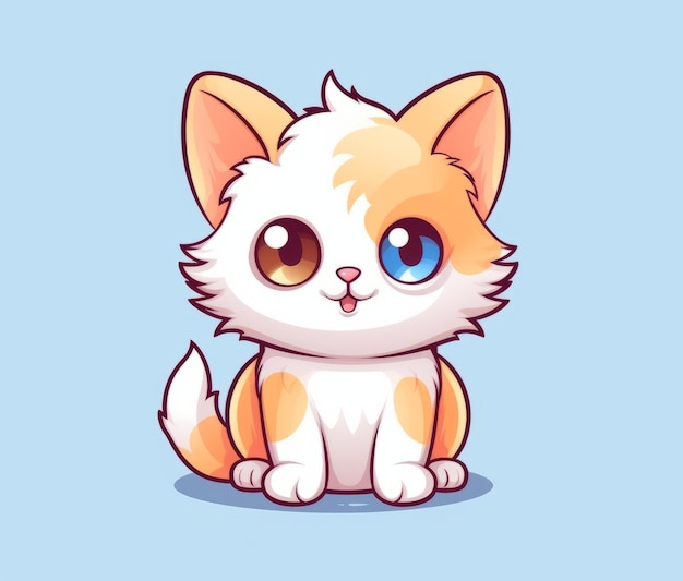 Gato de dibujos animados con ojos azules sentado sobre un fondo azul.