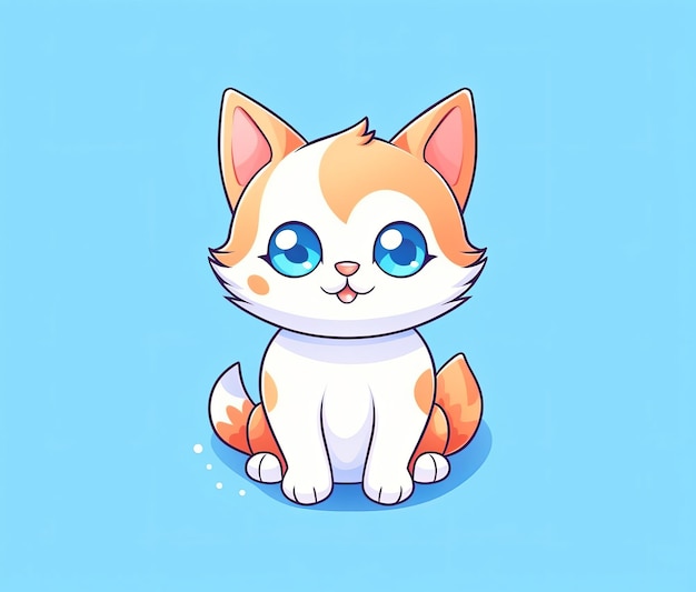 Un gato de dibujos animados con ojos azules se sienta sobre un fondo azul.