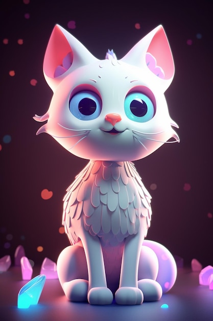 Un gato de dibujos animados con ojos azules se sienta sobre un fondo morado.