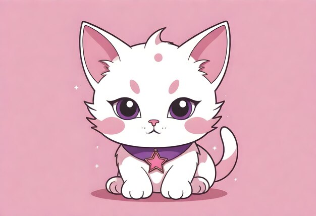 un gato de dibujos animados con ojos rosados y un arco en el cuello