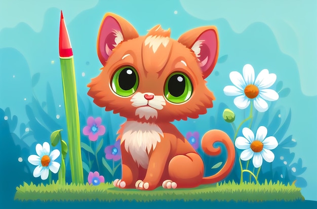 Un gato de dibujos animados con ojos verdes se sienta en un campo de flores.