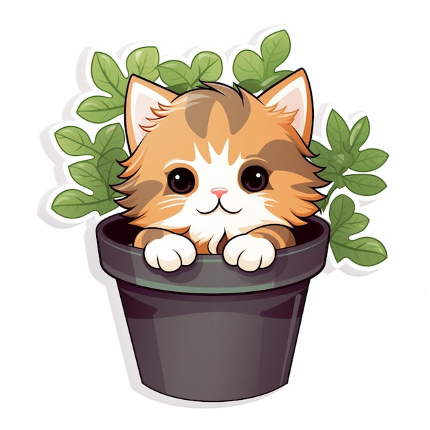 gato de dibujos animados en una olla con una planta generativa ai