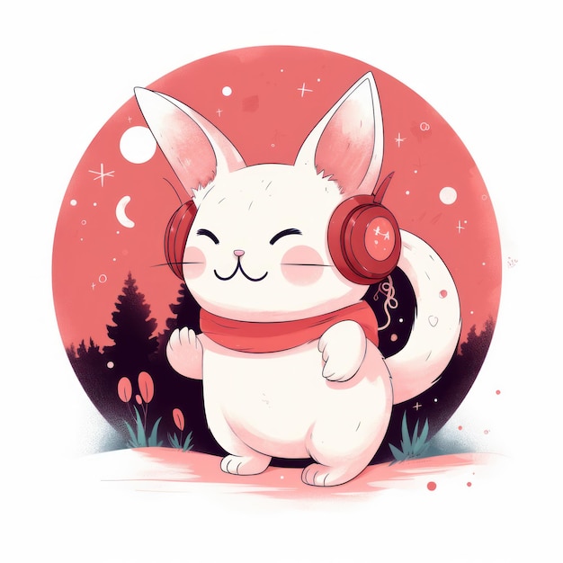 Un gato de dibujos animados con un pañuelo rojo y un pañuelo rojo está escuchando música en sus auriculares.