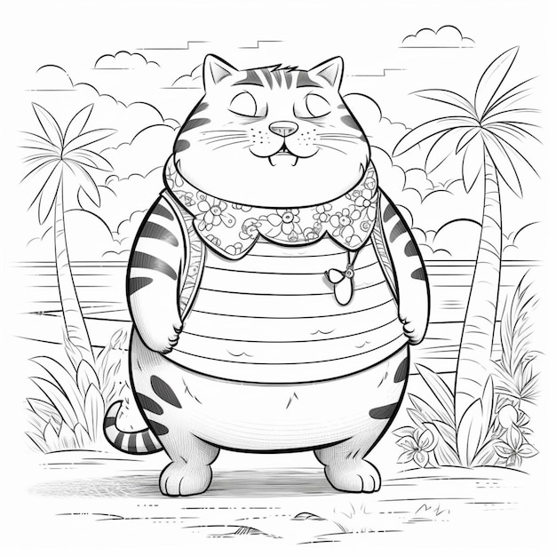 Un gato de dibujos animados parado en la playa con un pañuelo alrededor del cuello ai generativo