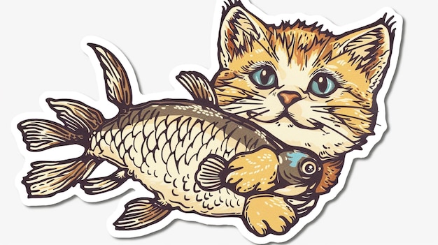 un gato de dibujos animados con un pez en la espalda