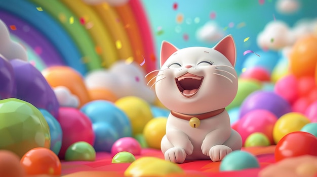 Gato de dibujos animados riendo en 3D tirando un arco iris en un vibrante