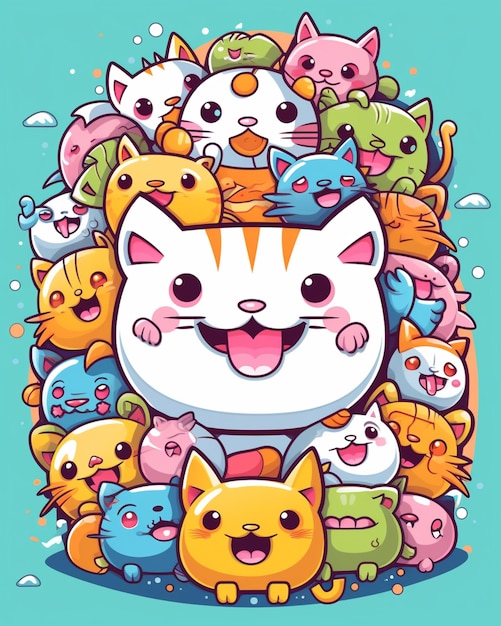 Gato de dibujos animados rodeado de muchos gatos en un fondo azul