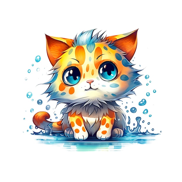 Un gato de dibujos animados sentado en un charco de agua Imagen generativa de IA