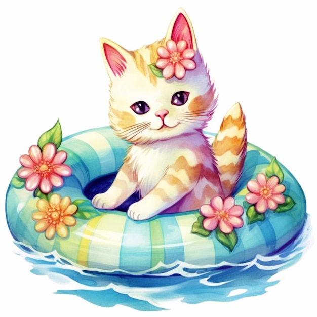 Gato de dibujos animados sentado en un flotador con flores en el agua