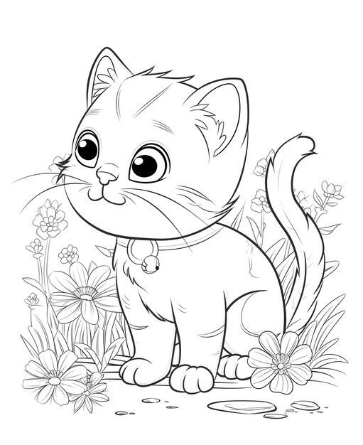 Gato de dibujos animados sentado en la hierba con flores