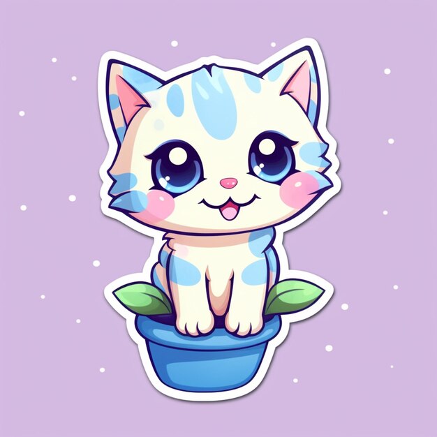 Foto gato de dibujos animados sentado en una olla con una planta en un fondo púrpura generativo ai