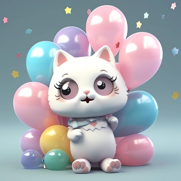 Un gato de dibujos animados se sienta entre globos con una pajarita.