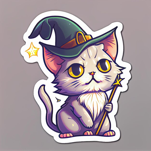 gato de dibujos animados con un sombrero de bruja y una varita generativa ai