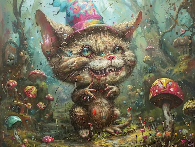 un gato de dibujos animados con un sombrero en la cabeza y un gato en el fondo