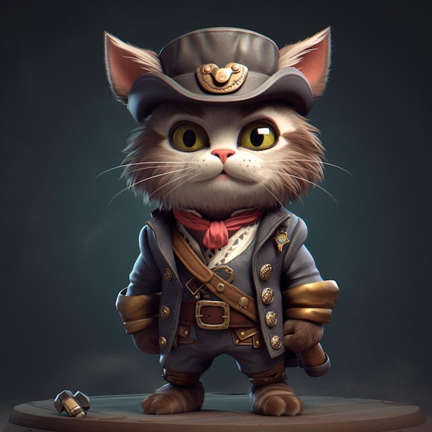 Un gato de dibujos animados con un sombrero y una chaqueta que dice 'la palabra guerra' en él
