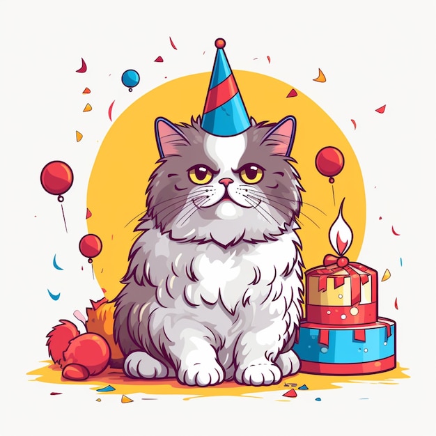 Foto gato de dibujos animados con sombrero de cumpleaños sentado al lado de un pastel de aniversario generativo ai