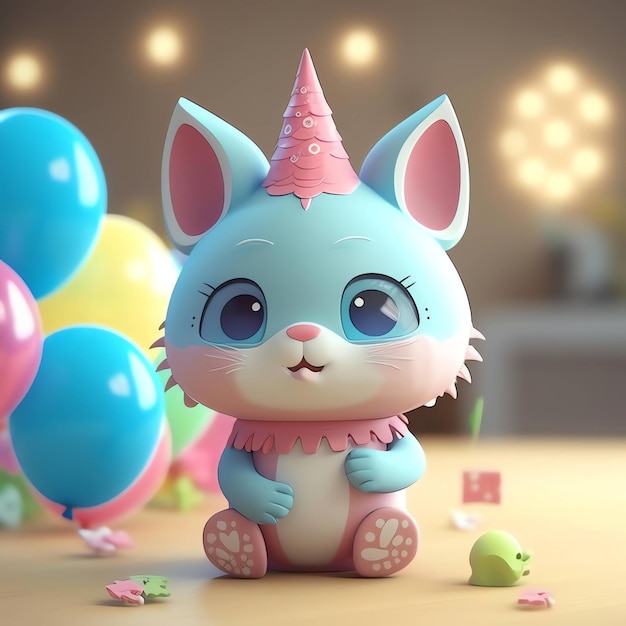 Un gato de dibujos animados con un sombrero de unicornio se sienta en una mesa con globos en el fondo.