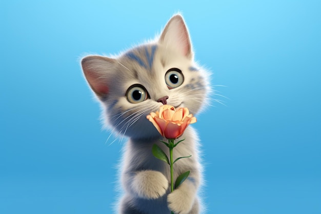 Gato de dibujos animados sosteniendo una flor con un fondo azul