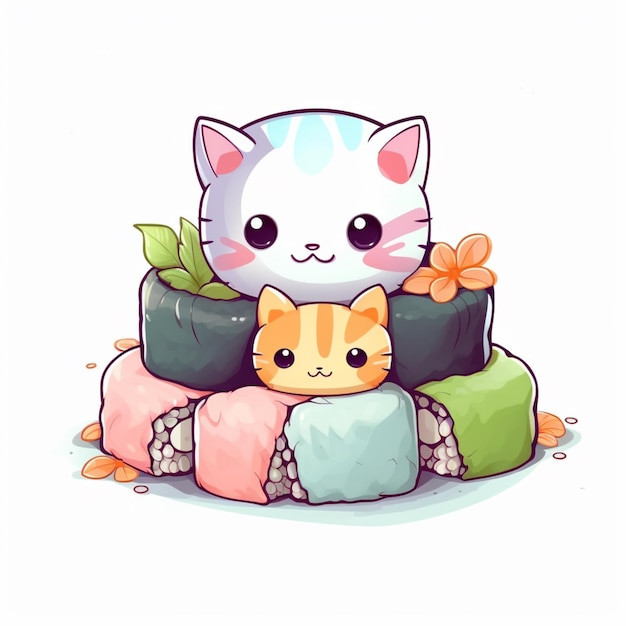 gato de dibujos animados y sushi sentado en una pila de sushi generativo ai