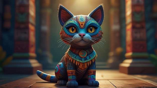 Un gato de dibujos animados con un traje azteca y un tocado azul