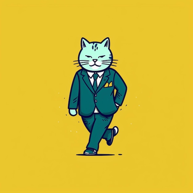 Foto gato de dibujos animados en un traje caminando sobre un fondo amarillo generativo ai