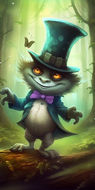 Un gato de dibujos animados con traje y un sombrero con una corbata de lazo púrpura se encuentra en un bosque.