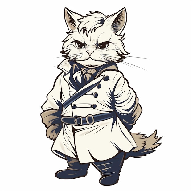 gato de dibujos animados vestido con un abrigo blanco y corbata con un cinturón negro generativo ai