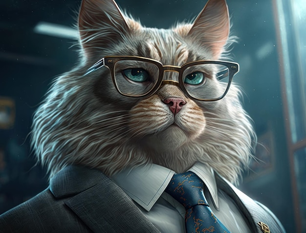 Gato de dibujos animados vestido con un traje de negocios y con gafas Tecnología de IA generativa