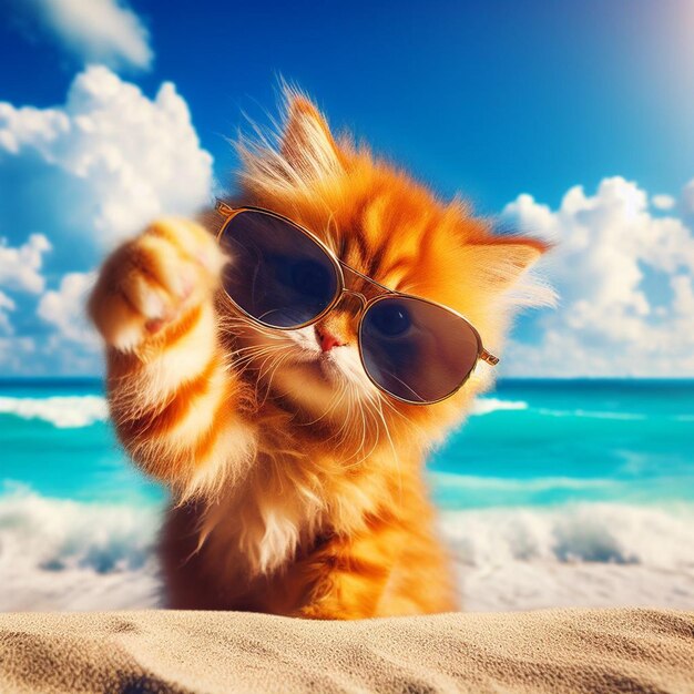 gato diciendo que estoy tomando selfies en la playa azul del sol en un día de verano con gafas de sol