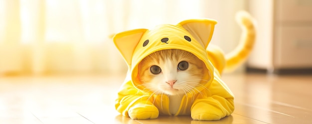 Foto un gato con un disfraz amarillo que dice gato