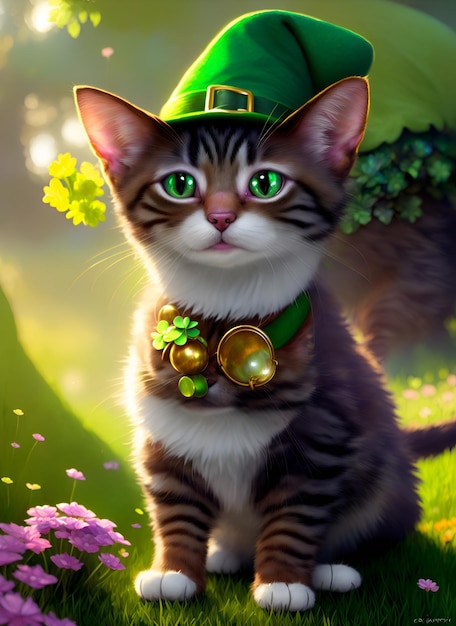 Un gato con un disfraz de duende verde y un sombrero verde.