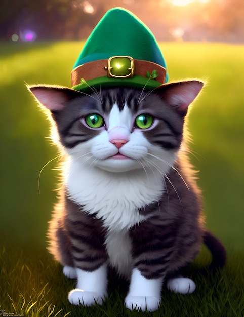 Un gato con un disfraz de duende verde y un sombrero verde.