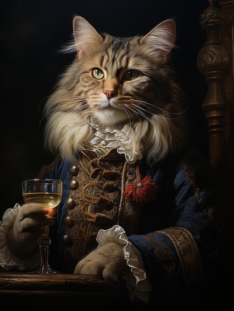 un gato con un disfraz de pirata sostiene una copa de champaña.