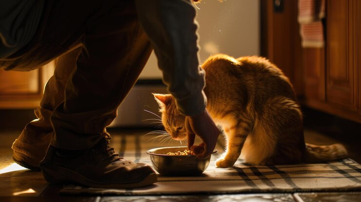 Gato disfrutando de una comida con su dueño en el cálido entorno de la cocina del hogar Momento acogedor