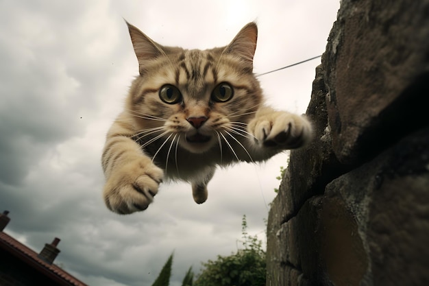 Foto gato disparado en ángulo ancho persiguiendo a un ratón sobre una pared