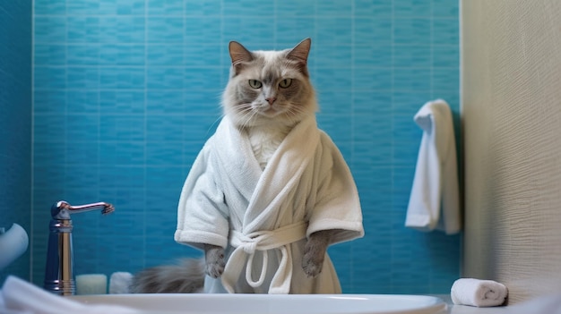 Gato divertido en el baño preparándose para bañarse procedimientos de higiene lavado con agua Retrato de un gato serio en una bata de baño Generado por IA