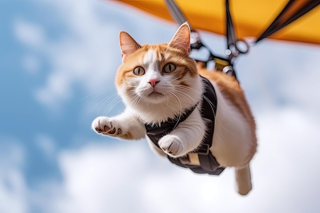 Gato divertido está volando en un paracaídas en el cielo IA generativa