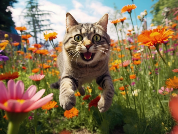 Gato divertido y feliz saltando sobre un prado de flores