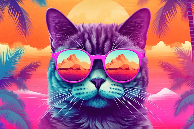 Gato divertido con gafas de sol en la playa tropical retrato de mascota en ilustración de vacaciones IA generativa
