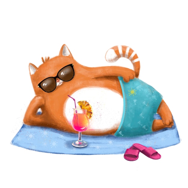 gato divertido en la playa con cóctel acuarela clipart ilustración de verano