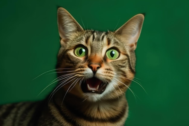 gato divertido que parece sorprendido con la boca abierta retrato sobre fondo verde con espacio de copia