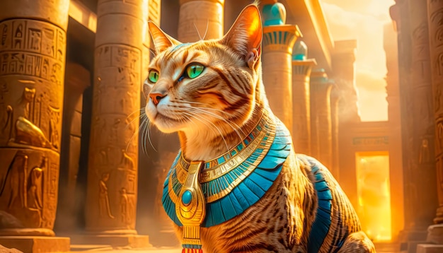 Foto gato divino mágico dourado egípcio no templo da deusa egípcia