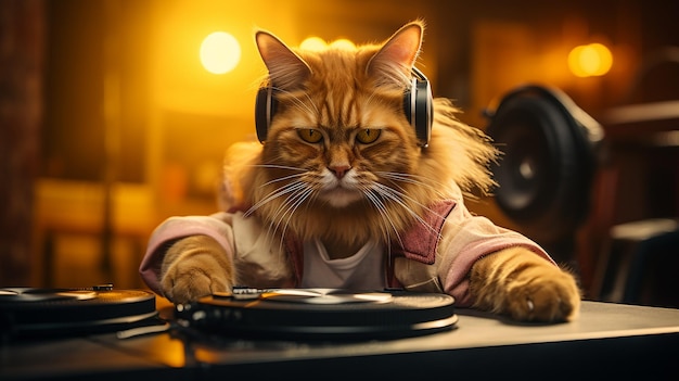 gato dj ruivo com óculos escuros e fones de ouvido tocando música