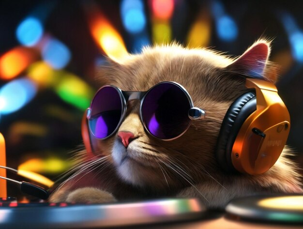 Foto gato dj en sombrillas solares con luces de destello en el fondo