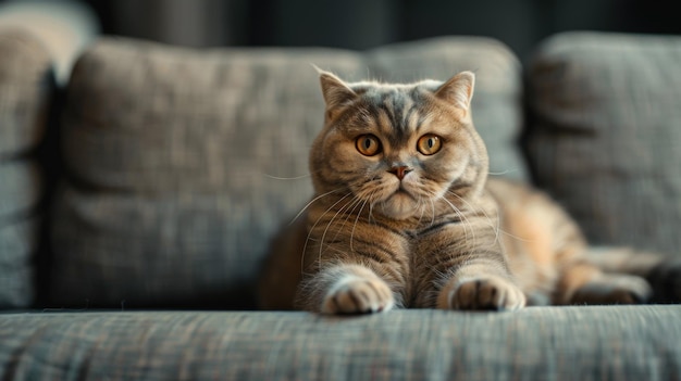 El gato doblado escocés se sienta como un hombre en el sofá enfoque selectivo