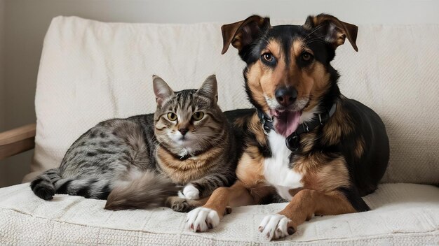 Gato doméstico acostado en el regazo de un perro marrón sentado en una superficie blanca